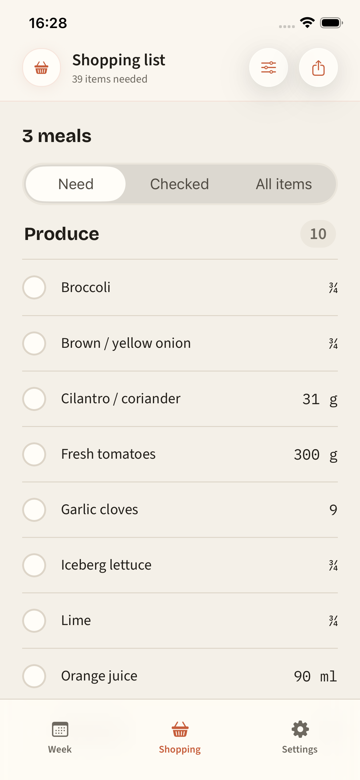 PrepWeek Shopping List screen with grocery items grouped by category.